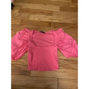 Zara, women's bright pink, puffed short sleeve, cropped low cut cotton top sz sm